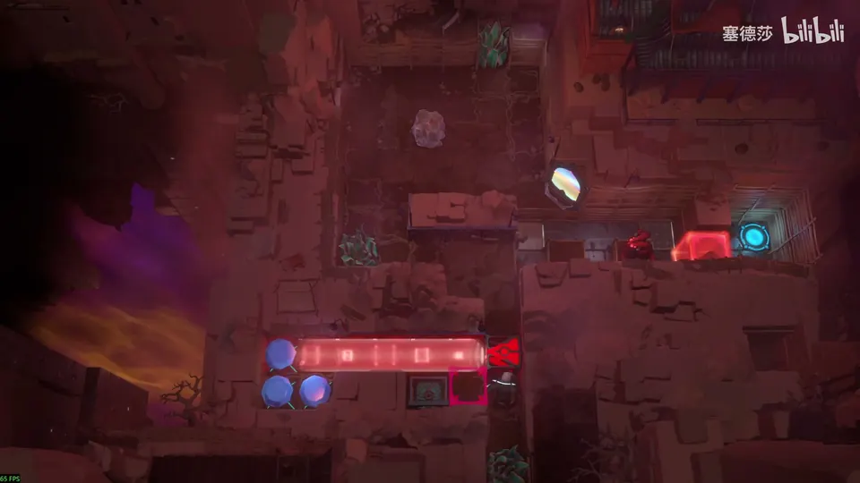 Low Mirrors overworld: a dark red canyon with a red beam and two blue gem holders at the bottom left, a stone and a mirror above and a cyan pad at the right