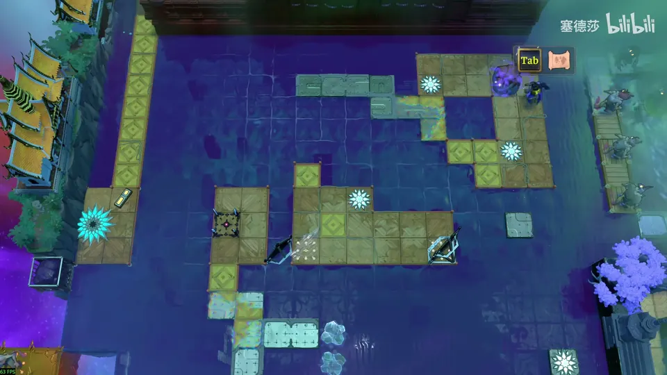 Low Mirrors overworld: sandy walkways in a dark blue pool, white star tiles, a wheel-shaped mirror at the top right and mirrors along the paths