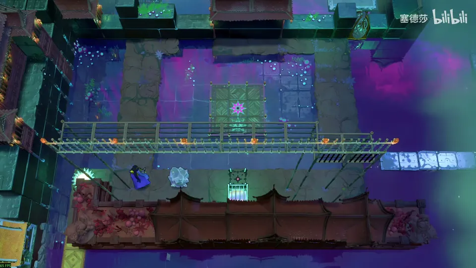 Low Mirrors overworld: a courtyard seen from above with a railed bridge across the middle, a magenta star tile, a crystal and the Trader on the left