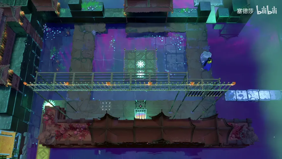 Low Mirrors overworld: the courtyard with the railed bridge, a glowing star tile in the middle and a hero on the right edge