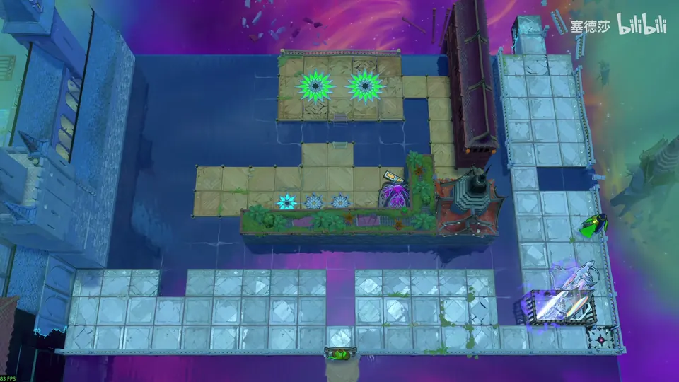 Low Mirrors overworld: pale stone walkways around a dark pool, two green star tiles at the top, a crystal mirror at the bottom right and a hero beside it