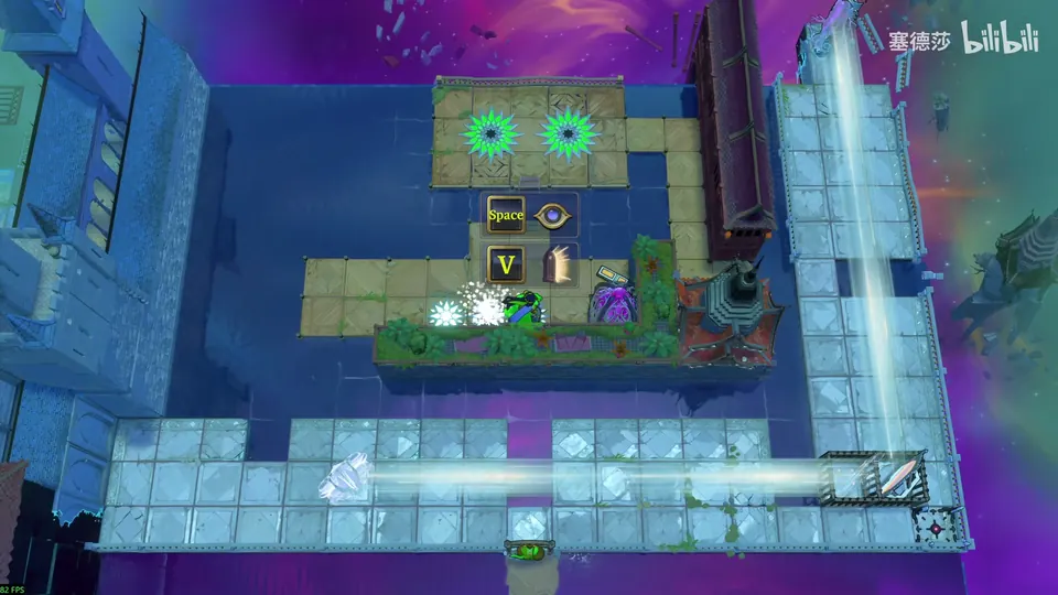 Low Mirrors overworld: pale walkways around a dark pool, two green star tiles at the top, a hero on a sandy path and a beam of light along the bottom