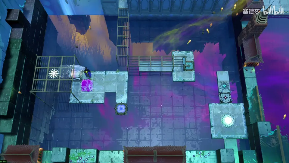 Low Mirrors overworld: a dark courtyard with pink water, a purple crystal and a hero on a pale ledge at the left, a grid cage and a lit tile at the bottom right
