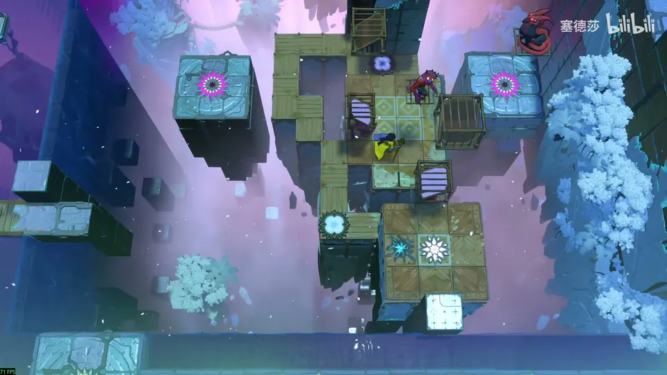 Low Mirrors overworld: blocks and walkways in a pink sky seen from above, two magenta star tiles at the top, cages, goblins and dragons along a narrow path