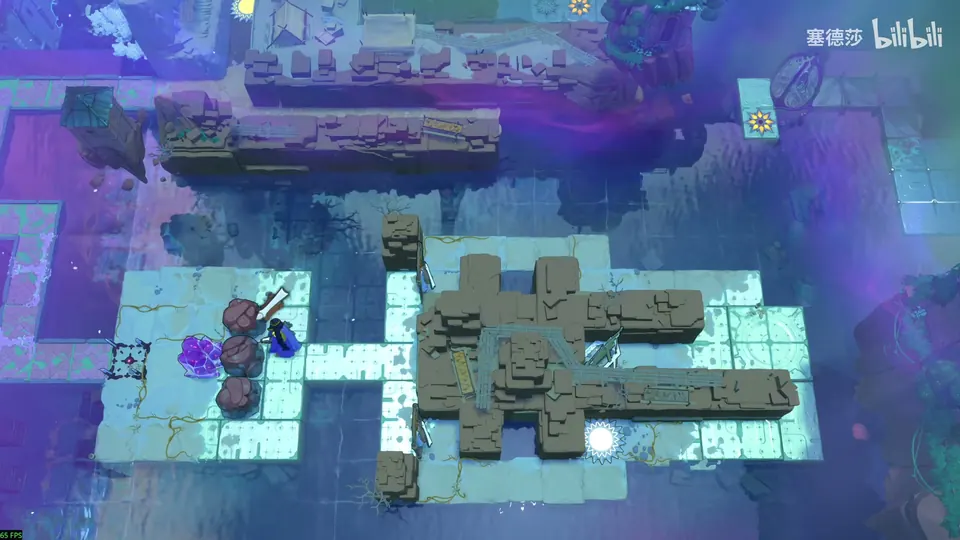 Low Mirrors overworld: pale walkways on blue water around a block of grey ruins, three dark stones and a purple crystal in a row at the left, a mirror and a hero beside them