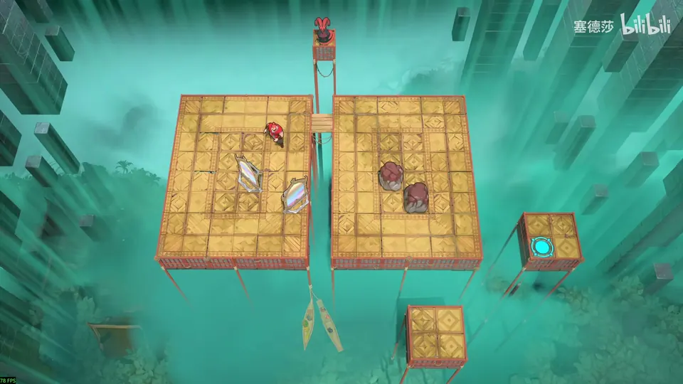 Low Mirrors puzzle 2: two wooden platforms on stilts in green fog, a narrow bridge between them with a dragon above, two mirrors on the left, two stones on the right and a cyan exit pad