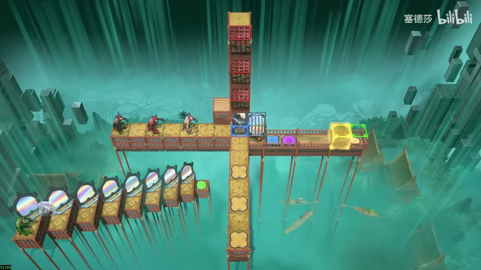 Low Mirrors puzzle 3: a cross-shaped wooden walkway on stilts in green fog, three goblins in a row at the top left, a row of mirrors below and a yellow exit on the right