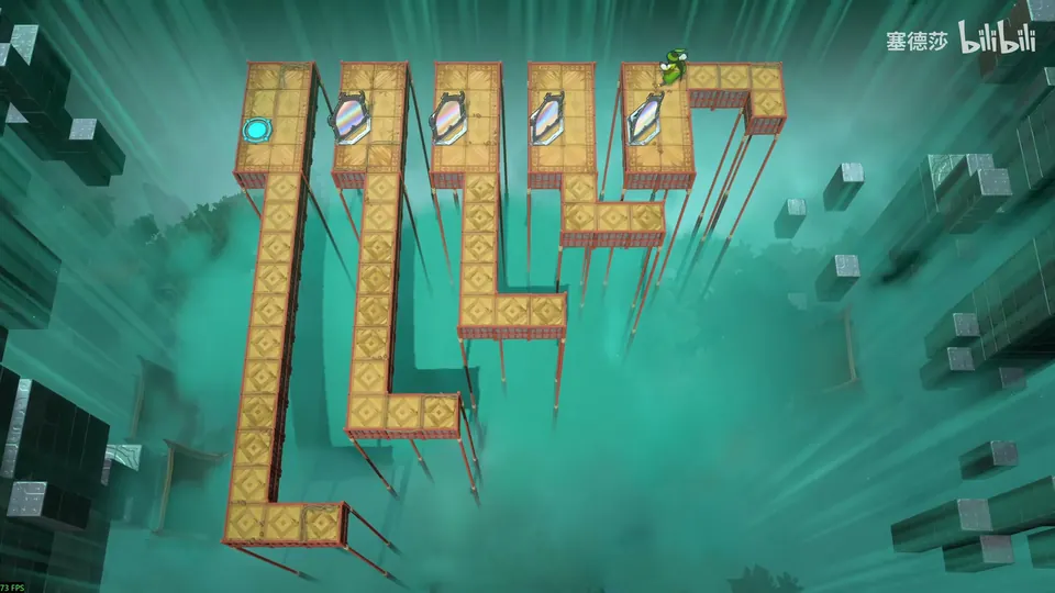Low Mirrors puzzle 4: a zigzag wooden walkway on stilts in green fog with four mirrors on short arms at the top, a cyan pad at the left and a hero at the top right