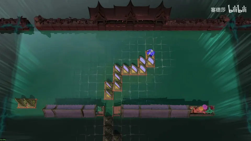 Low Mirrors puzzle 5: a dark green floor below a temple roof, a staircase of small mirrors leading down from the Wizard at the top and low purple hedges at the bottom