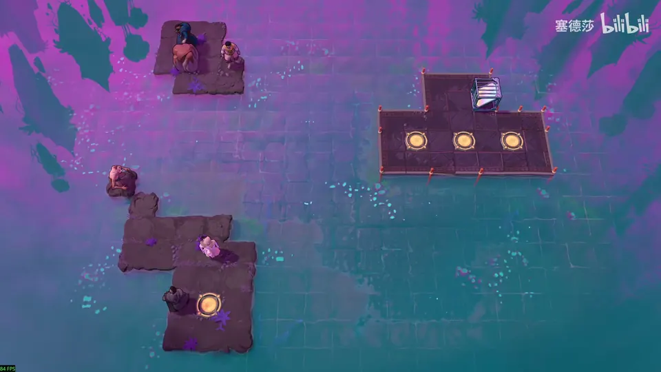 Low Mirrors puzzle 6: small brown islands in pink-green water, heroes on the islands at the left, a mirror and three yellow exit pads on a platform at the right