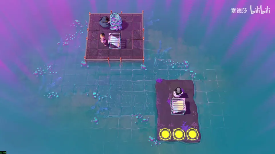 Low Mirrors puzzle 7: two brown platforms in pink-green water, heroes and a mirror on the upper one, a hero and a mirror on the lower one beside three yellow exit pads