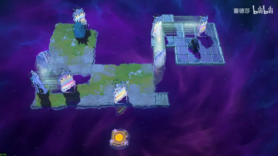 Low Mirrors puzzle 8: green and grey islands in a purple starry void, several crystal mirrors, a Druid on a tile at the top right and a yellow exit floating below