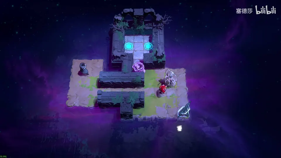 Low Mirrors puzzle 9: a small ruined island in a dark starry void, two cyan exit pads inside a stone frame, a plant, a mirror and a hero at the right
