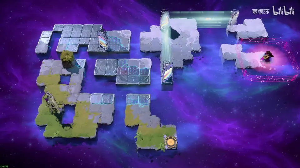 Low Mirrors puzzle 10: grey and yellow-green islands scattered over a purple starry void, crystal mirrors between them, the Bard in a pink glow at the right and a yellow exit at the bottom