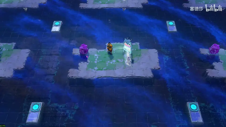 Low Mirrors puzzle 11: a grassy island on dark blue water with the Trader, a crystal mirror and a beam of light, purple crystals at both sides and cyan teleport pads in the corners