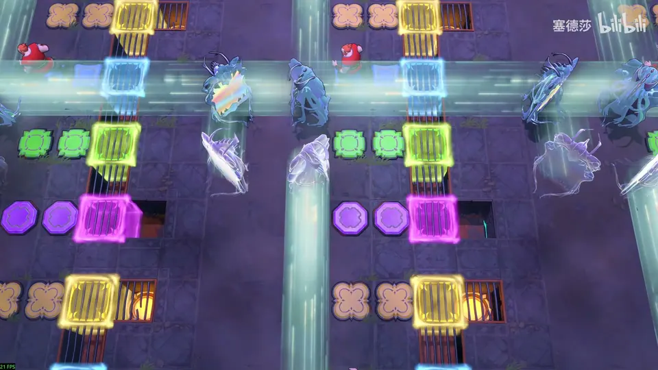 Low Mirrors puzzle 12: a dark floor with columns of yellow, blue, green and pink glowing buttons, crystal mirrors between them, beams of light and two goblins
