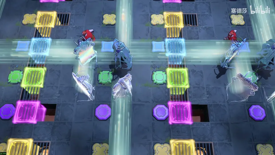 Low Mirrors puzzle 13: two columns of yellow, blue, green and pink glowing buttons on a dark floor, crystal mirrors, beams of light and two red goblins