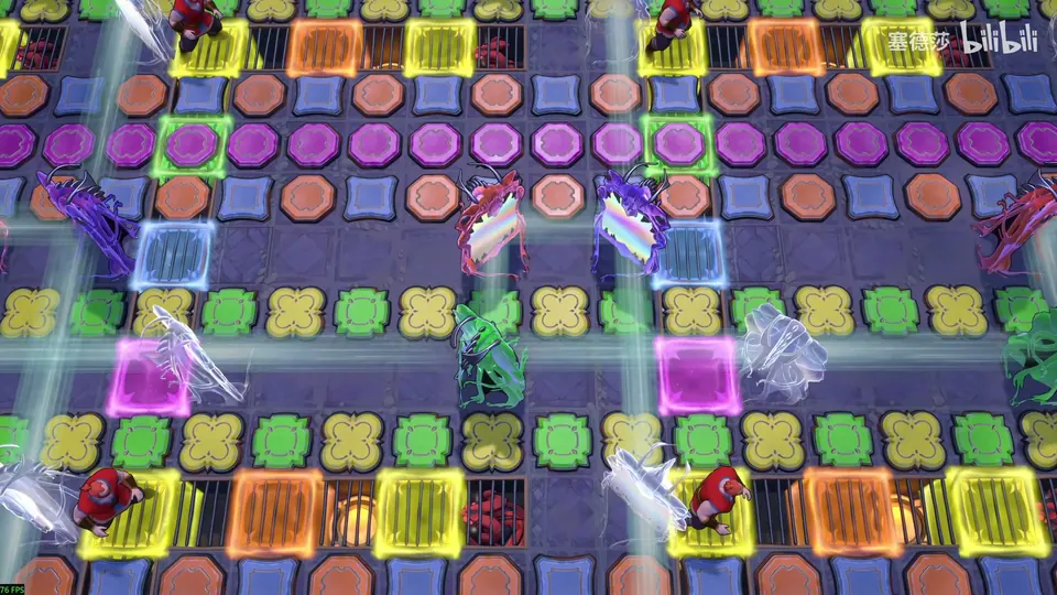 Low Mirrors puzzle 14: a large floor of purple, orange, yellow, green and blue tiles with coloured gates, crystal mirrors scattered across it and red goblins