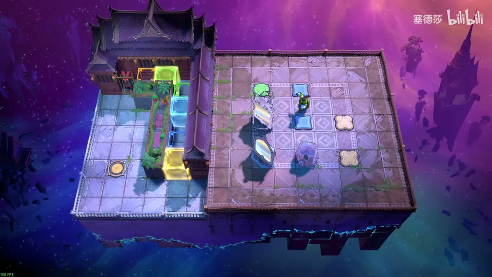 Low Mirrors puzzle 15: a floating temple platform in a purple sky with yellow, blue and green gates on the left, mirrors, a crystal mirror and buttons on the tiled floor