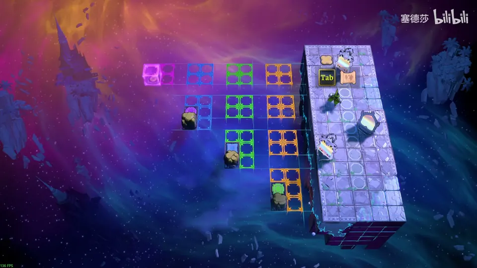 Low Mirrors puzzle 16: a tall pale block floating in a starry purple sky, grids of pink, blue, green and orange outlines beside it, two crystal mirrors and a hero on top