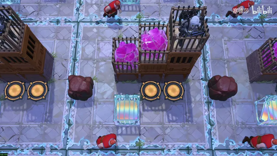 Low Mirrors puzzle 17: a grey tiled floor with wooden cages holding pink crystals, the Explorer caged on top, two dark red stones, orange buttons, a crystal mirror and red goblins