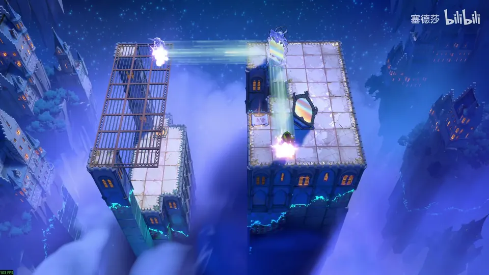Low Mirrors puzzle 18: two tall stone towers in a night sky, a grid net over the left one, a mirror and a crystal mirror on the right one and a beam of light between them