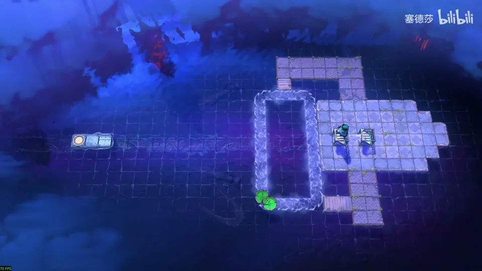 Low Mirrors puzzle 19: a pale cross-shaped platform in dark water, a loop of current with a lily pad on the left, two vertical mirrors and a hero, and a small exit platform far to the left