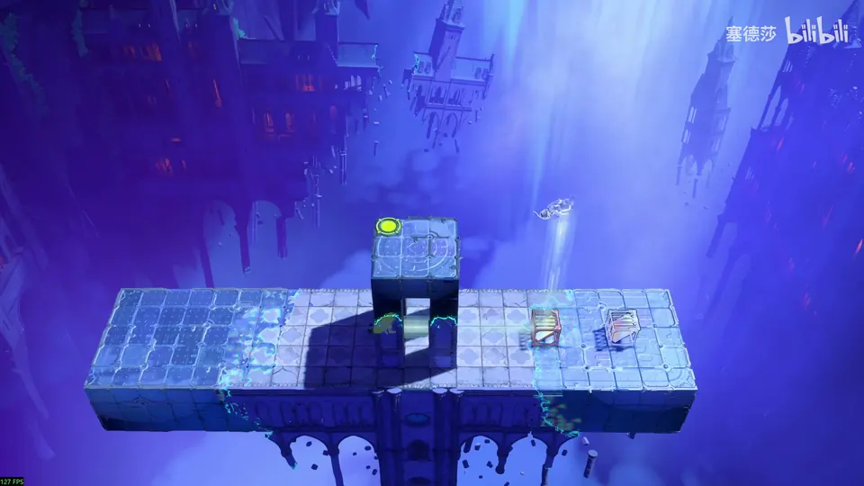 Low Mirrors puzzle 20: a long pale stone bridge in a blue night sky, a raised block with a yellow exit in the middle, two mirrors and a crystal mirror at the right