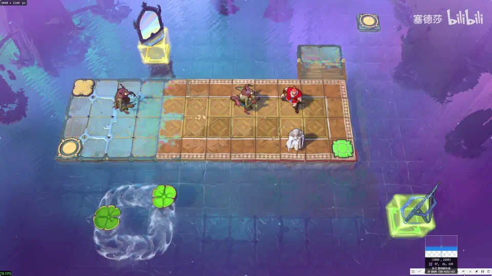 Low Mirrors puzzle 21: a long tiled platform on purple water with goblins, the Cleric and a mirror, a yellow mirror block at the top, two lily pads in a loop of current below and a green mirror block at the bottom right