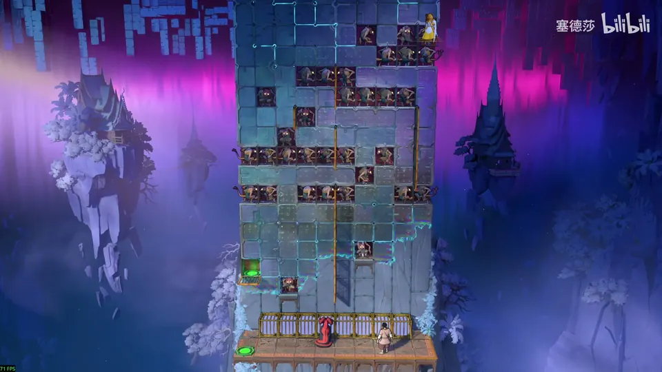 Low Mirrors puzzle 22: a tall wall of grey blocks in a purple sky dotted with small dragons, a green button low on the left and heroes on a ledge at the bottom
