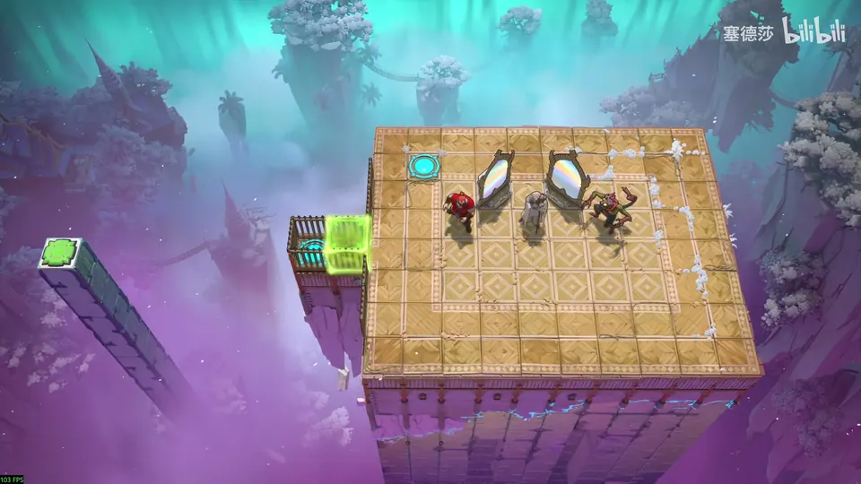 Low Mirrors puzzle 23: a large tiled platform in a misty pink sky, two mirrors, goblins and the Cleric on it, a caged Warrior at the left edge and a green exit on a pillar far left