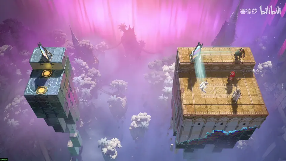 Low Mirrors puzzle 24: two stone towers in a pink sky, a mirror and two yellow buttons on the left tower, and a mirror, a goblin and heroes on the wider right tower
