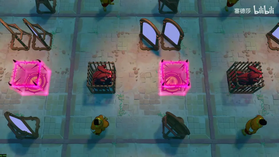 Low Mirrors puzzle 25: a close view of a sandy floor with caged red dragons, glowing pink blocks, several mirrors and yellow-clad goblins