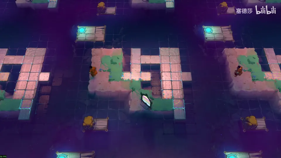 Low Mirrors puzzle 26: pale pink tile shapes with green patches on dark water, a mirror in the middle, the Trader on the left and small cyan pads at the corners