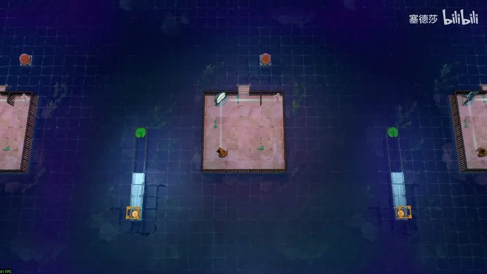 Low Mirrors puzzle 27: a dark blue tiled sea with a pink sand square in the middle holding a mirror, narrow walkways with lily pads and yellow buttons on both sides