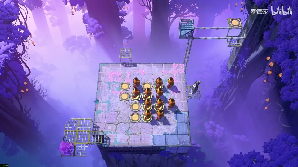 Low Mirrors puzzle 28: a square pale platform in a purple forest crowded with orange goblin statues and yellow buttons, a cage and a purple crystal at the bottom left
