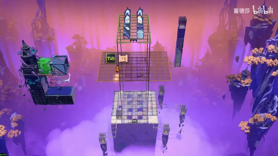 Low Mirrors puzzle 29: grid platforms at several heights in a pink sky, a frame of crystal mirrors at the top, a green block on a pillar at the left and small cages around a pale lower floor