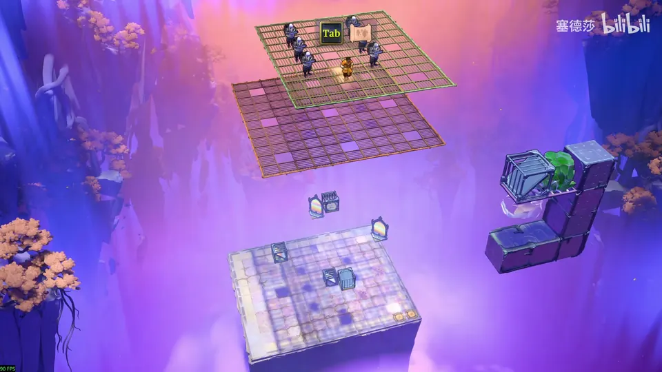 Low Mirrors puzzle 30: a high grid platform in a pink sky with several Explorer copies, a larger pink floor below, a pale lower floor with cages and a green block on the right