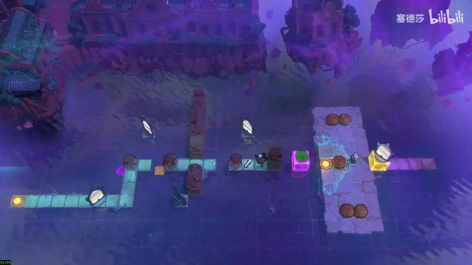 Low Mirrors puzzle 31: dark purple water with a winding pale walkway, mirrors along it, brown stones, a pink and a green block, a yellow mirror block on a pale platform at the right