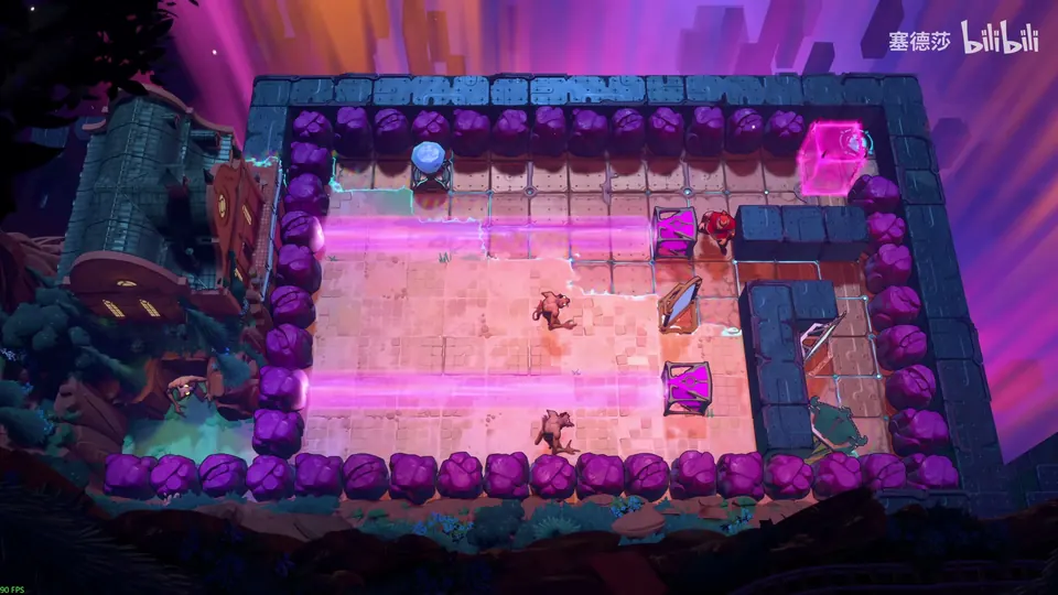 Low Mirrors puzzle 32: a pink-floored room ringed by purple hedges, two pink beams crossing it, purple emitters, a mirror, goblins and a magenta block at the top right