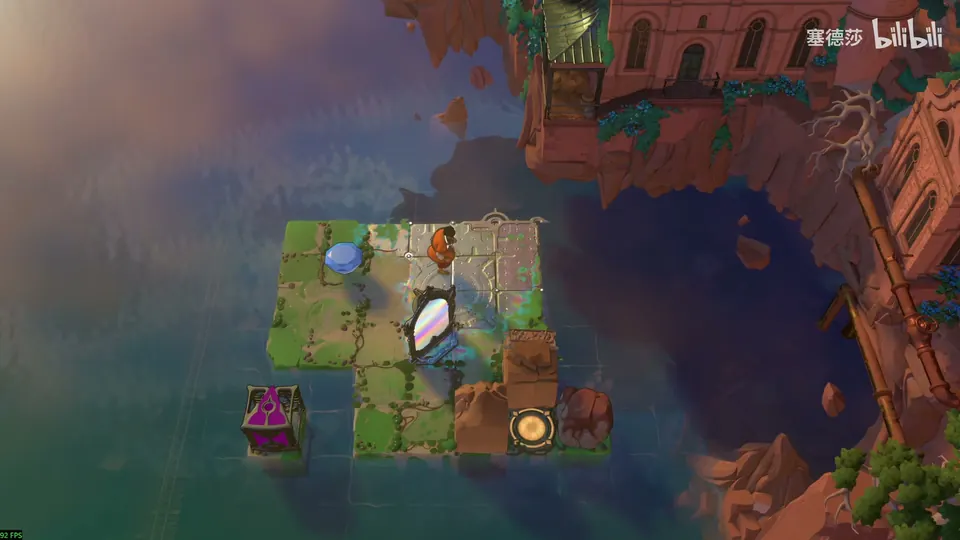 Low Mirrors puzzle 34: a small green island beside red cliffs, a mirror, a blue gem, the Trader, a purple emitter at the left and a yellow exit at the bottom