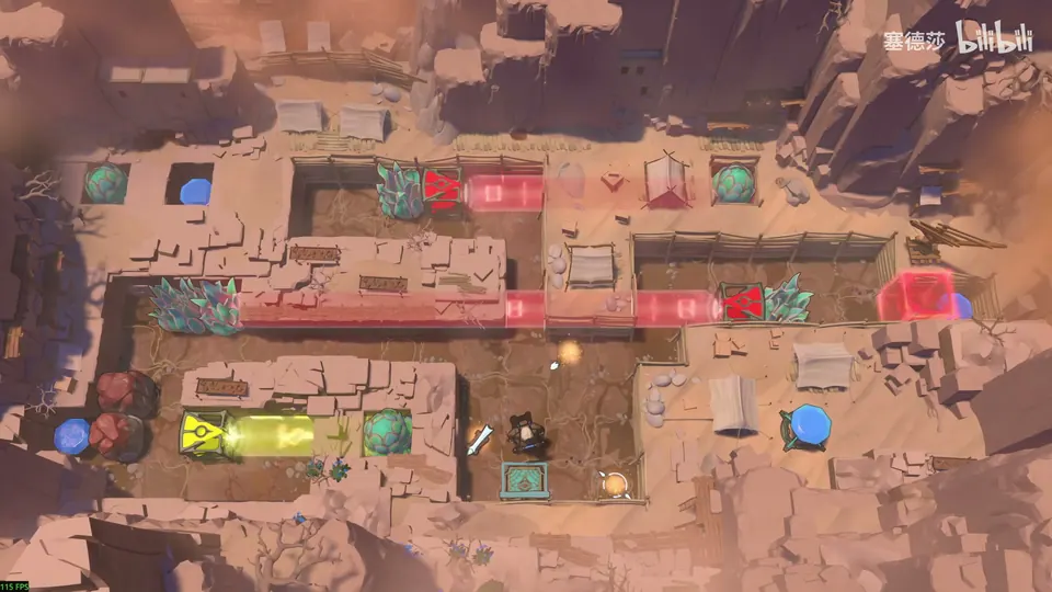 Low Mirrors puzzle 35: a sandy room inside red cliffs, a red beam along the top, a yellow beam and emitters at the bottom left, gems, grass and three relics