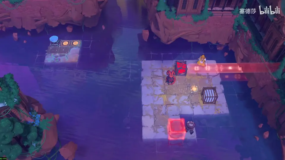 Low Mirrors puzzle 36: a pale island on dark purple water with a red dragon, a red emitter firing a beam to the right, a cage, a magenta block below and a small dock with buttons at the top left
