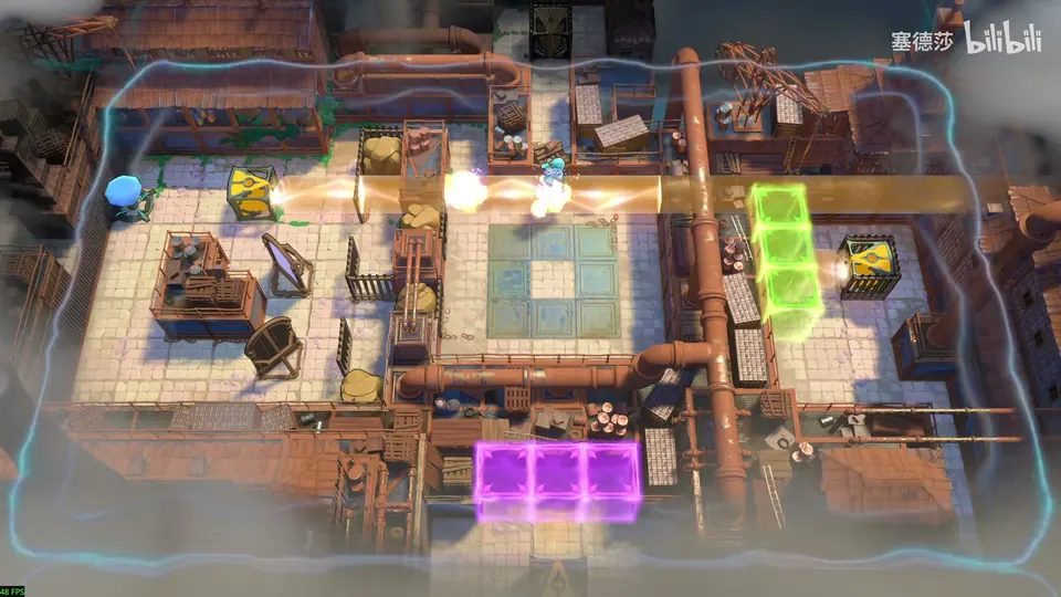 Low Mirrors puzzle 37: a rusty industrial floor seen from above with pipes and crates, orange beams crossing it, green energy blocks on the right and magenta blocks at the bottom