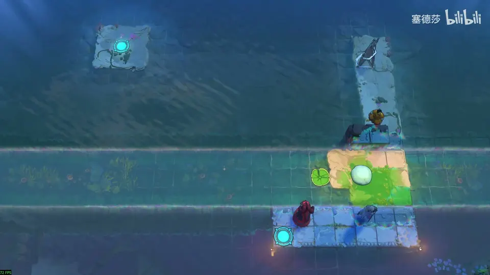 Low Mirrors puzzle 38: a canal with a current between grey stone platforms, a dragon on a green-lit tile with a lily pad beside it, a mirror and a hero at the top and the Cleric and a cyan pad at the bottom