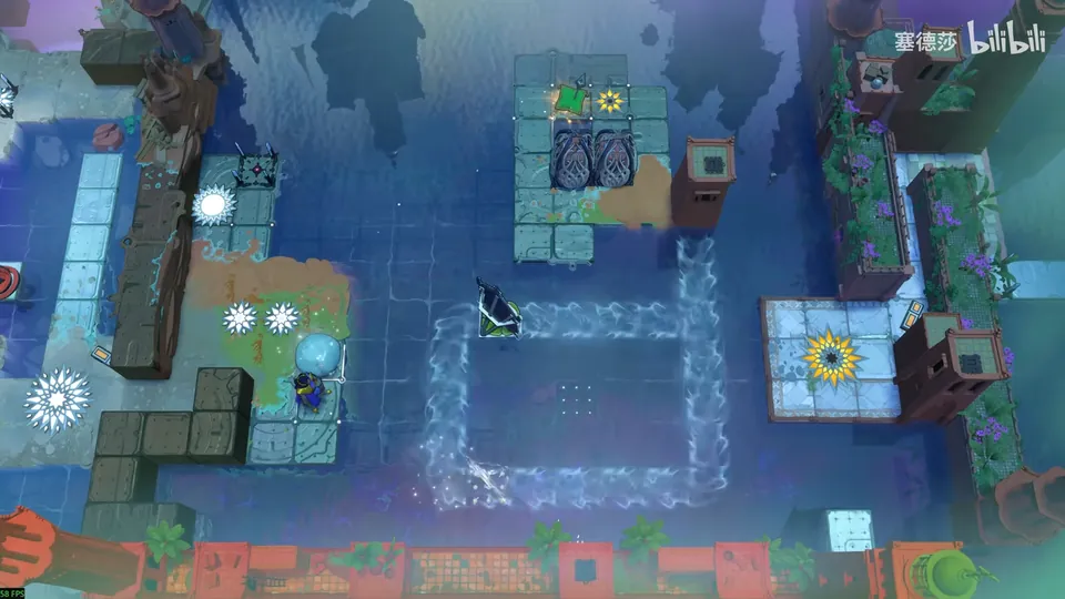 Low Skipping Stones overworld: a current loop between stone walkways and green islands, a mirror on the water and a sunflower exit marker on a pale platform