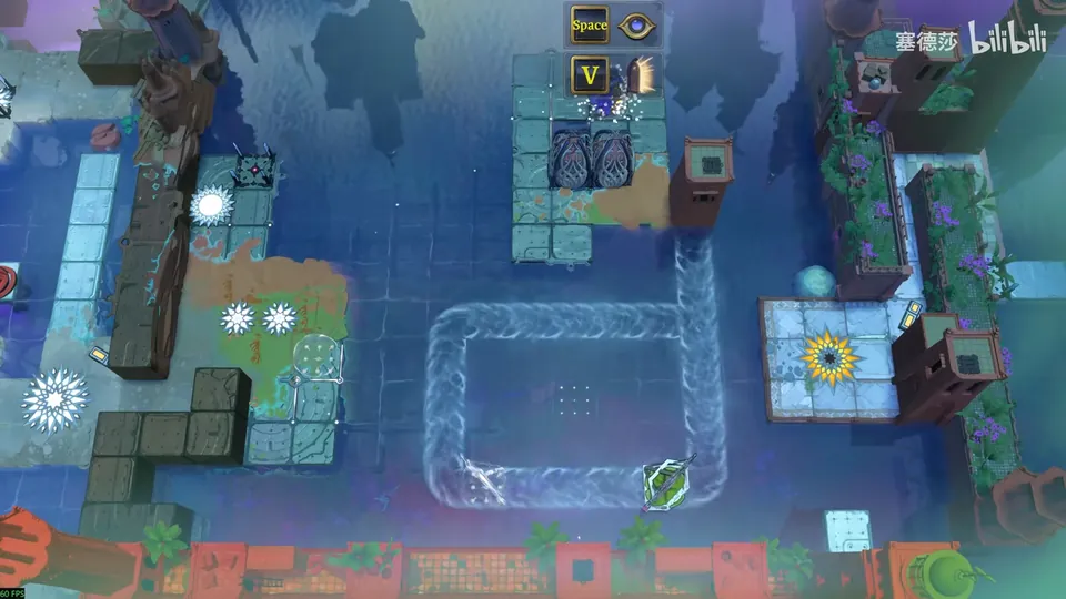 Low Skipping Stones overworld: the same area map with a current loop, a mirror on the lower stretch, stone walkways and a sunflower exit marker
