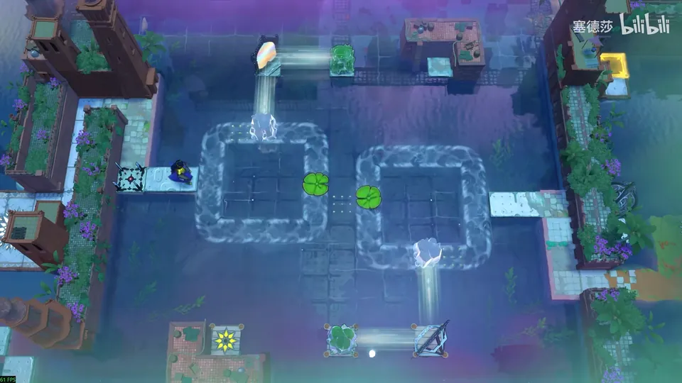 Low Skipping Stones overworld: two square current loops side by side, a mirror at the top, lily pads and a beam reflected along the bottom