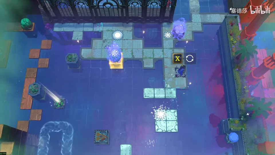 Low Skipping Stones overworld: pale stone walkways on dark blue water, a sunflower marker on a yellow block, a crystal, lily pads and a small current loop