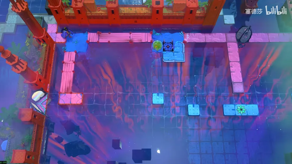 Low Skipping Stones overworld: pink walls round a dark purple pool, blue tiles on the water, a mirror on the left, a crystal stone at the top and a sunflower marker at the right
